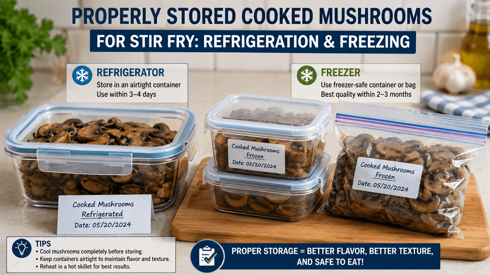 Properly stored cooked mushrooms for stir fry in airtight containers for refrigeration and freezing