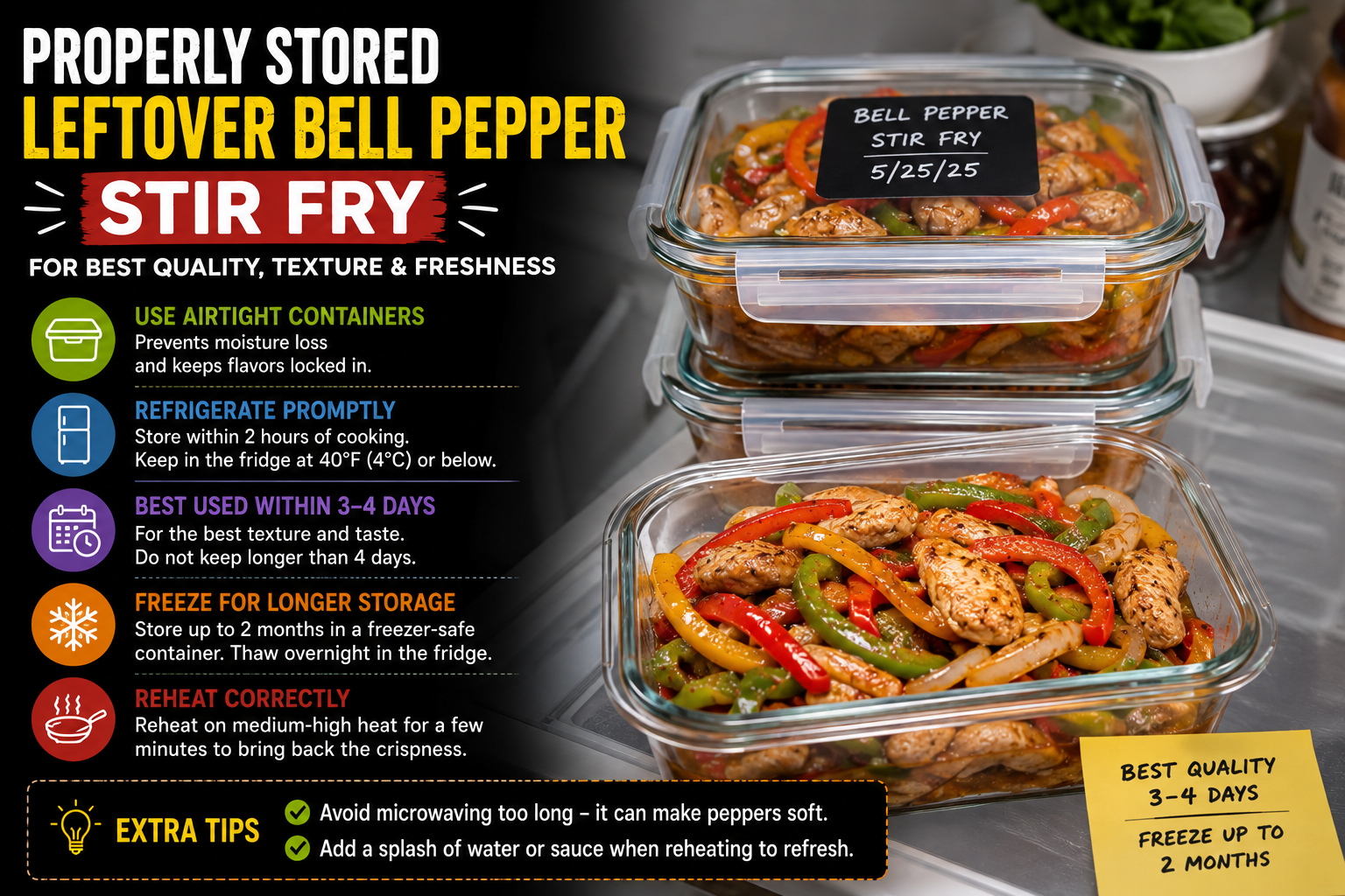 Properly storing leftover bell pepper stir fry in airtight containers to maintain the best texture and freshness