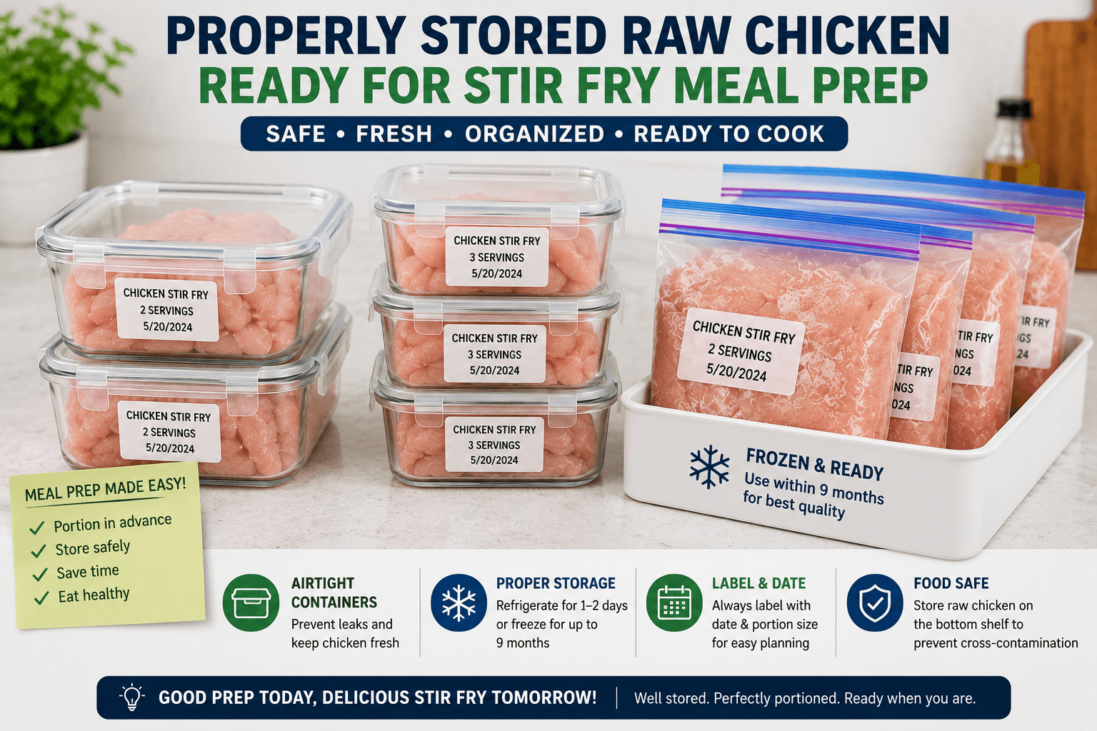 Properly stored raw chicken meal prep in labeled airtight containers ready for healthy stir fry recipes