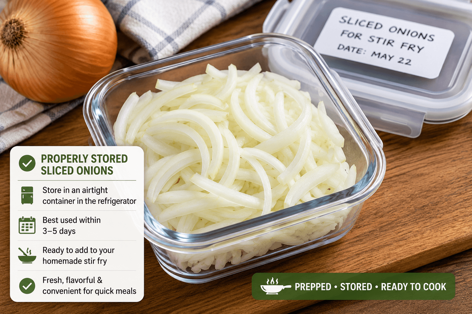 Properly stored sliced onions in an airtight container ready for a homemade chicken stir fry