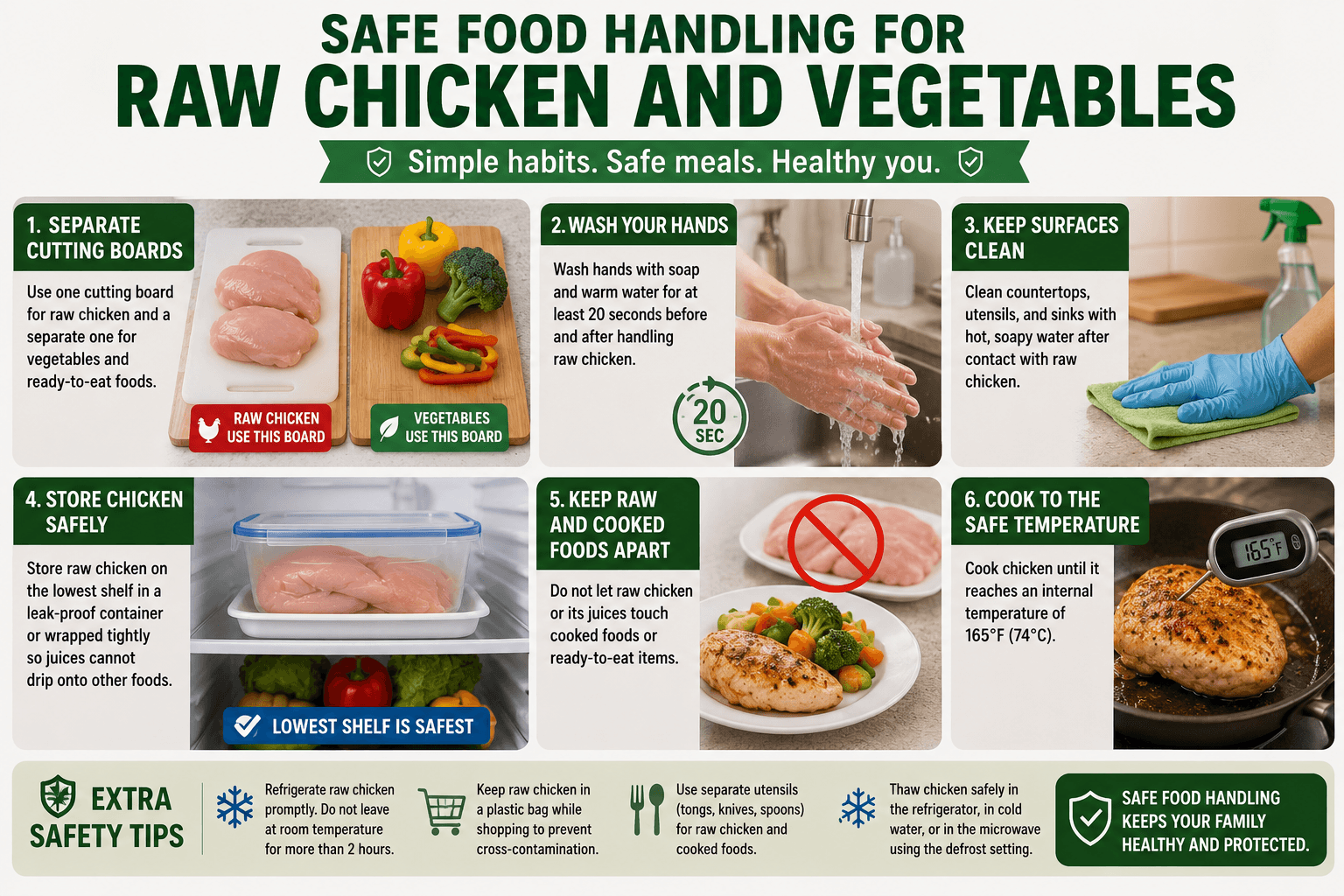 Safe food handling practices including separate cutting boards and proper storage for raw chicken and vegetables
