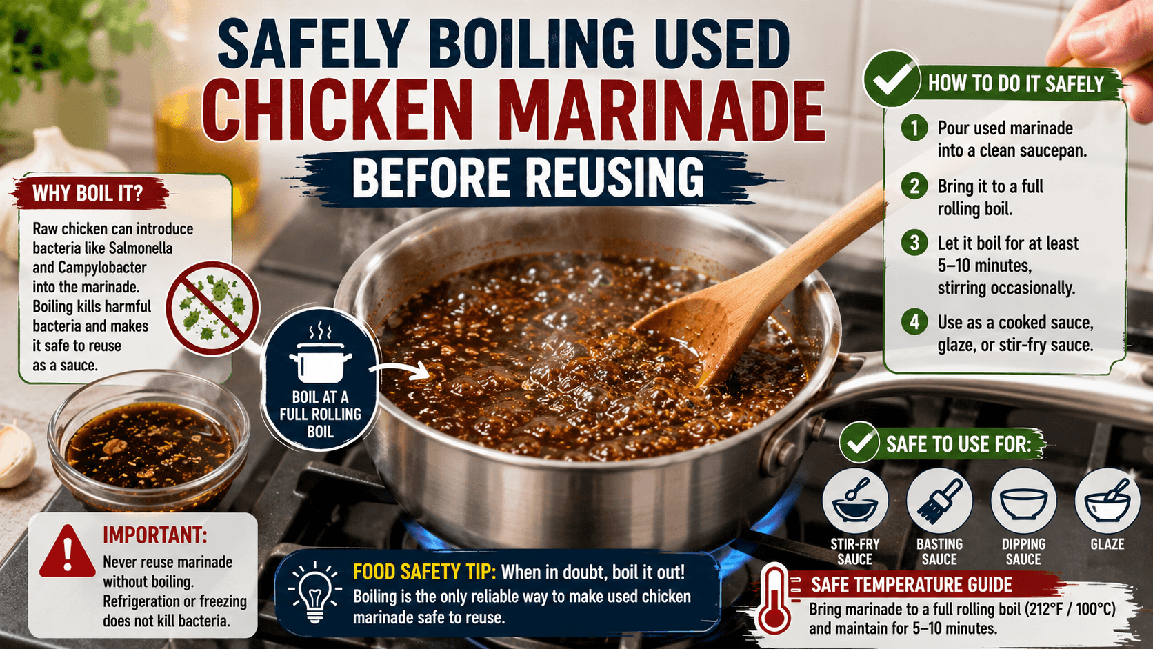 Safely boiling used chicken marinade before reusing it as a sauce