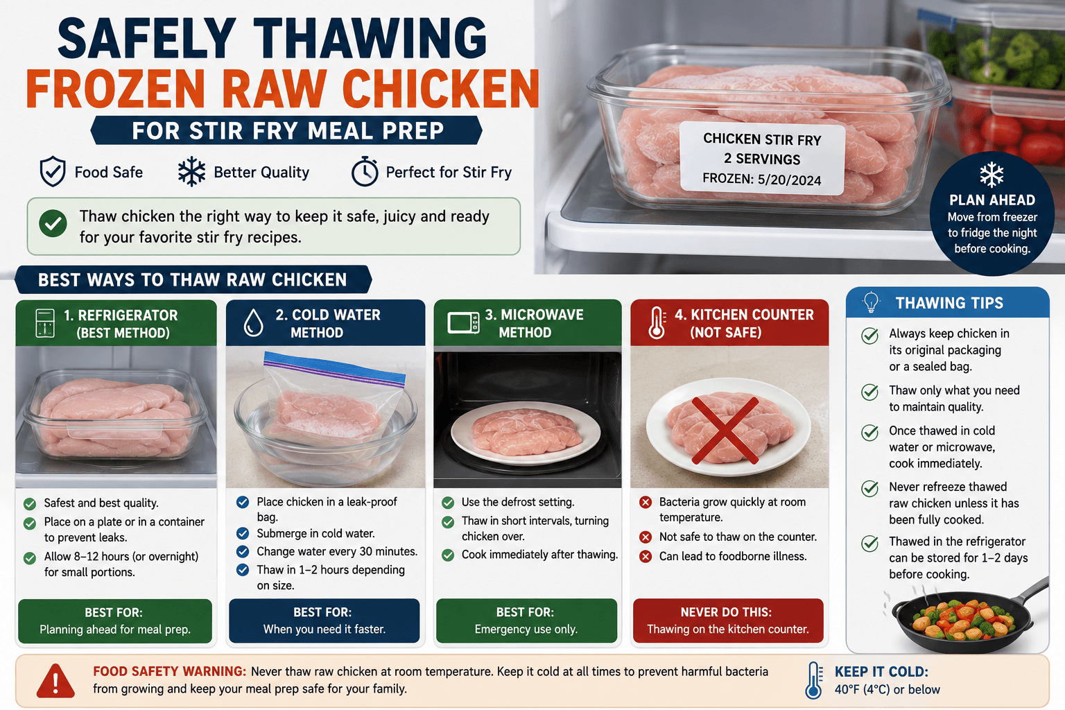 Safely thawing frozen raw chicken in the refrigerator for stir fry meal prep