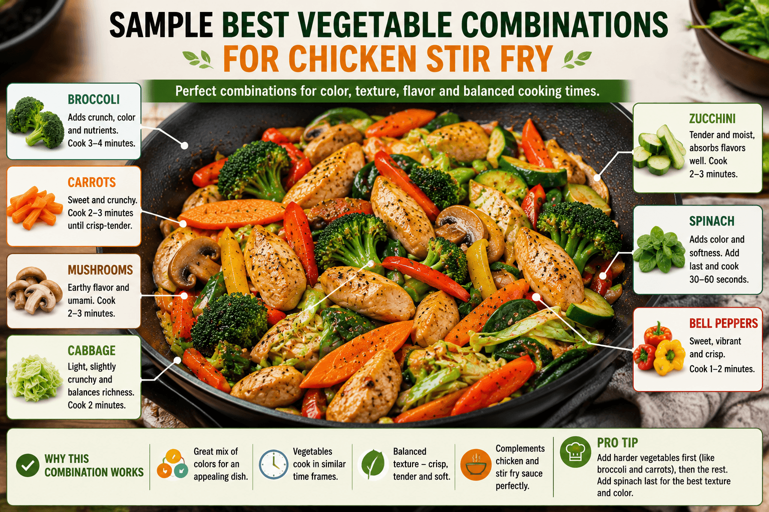 Sample best vegetable combinations stir fry with broccoli carrots mushrooms cabbage zucchini spinach and bell peppers