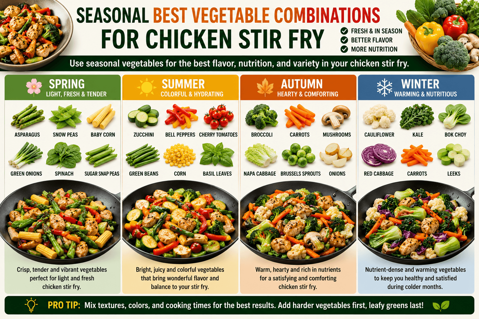 Seasonal best vegetable combinations stir fry with spring summer autumn and winter vegetables for homemade chicken stir fry