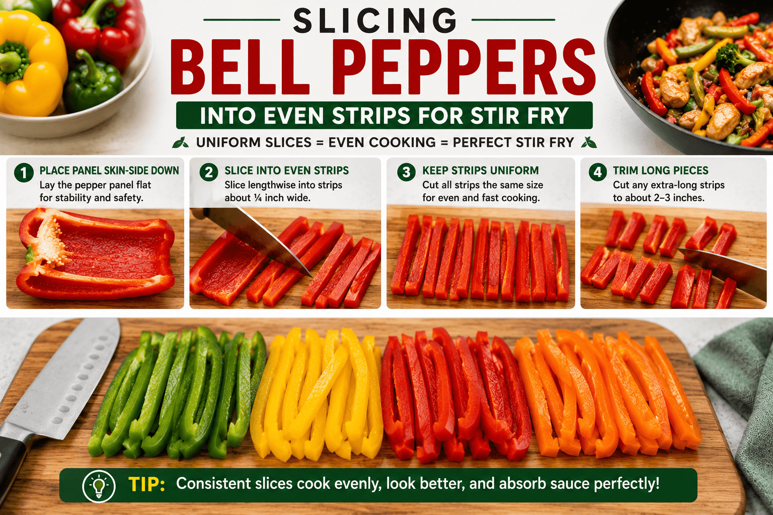 Slicing bell pepper panels into uniform strips for stir fry cooking