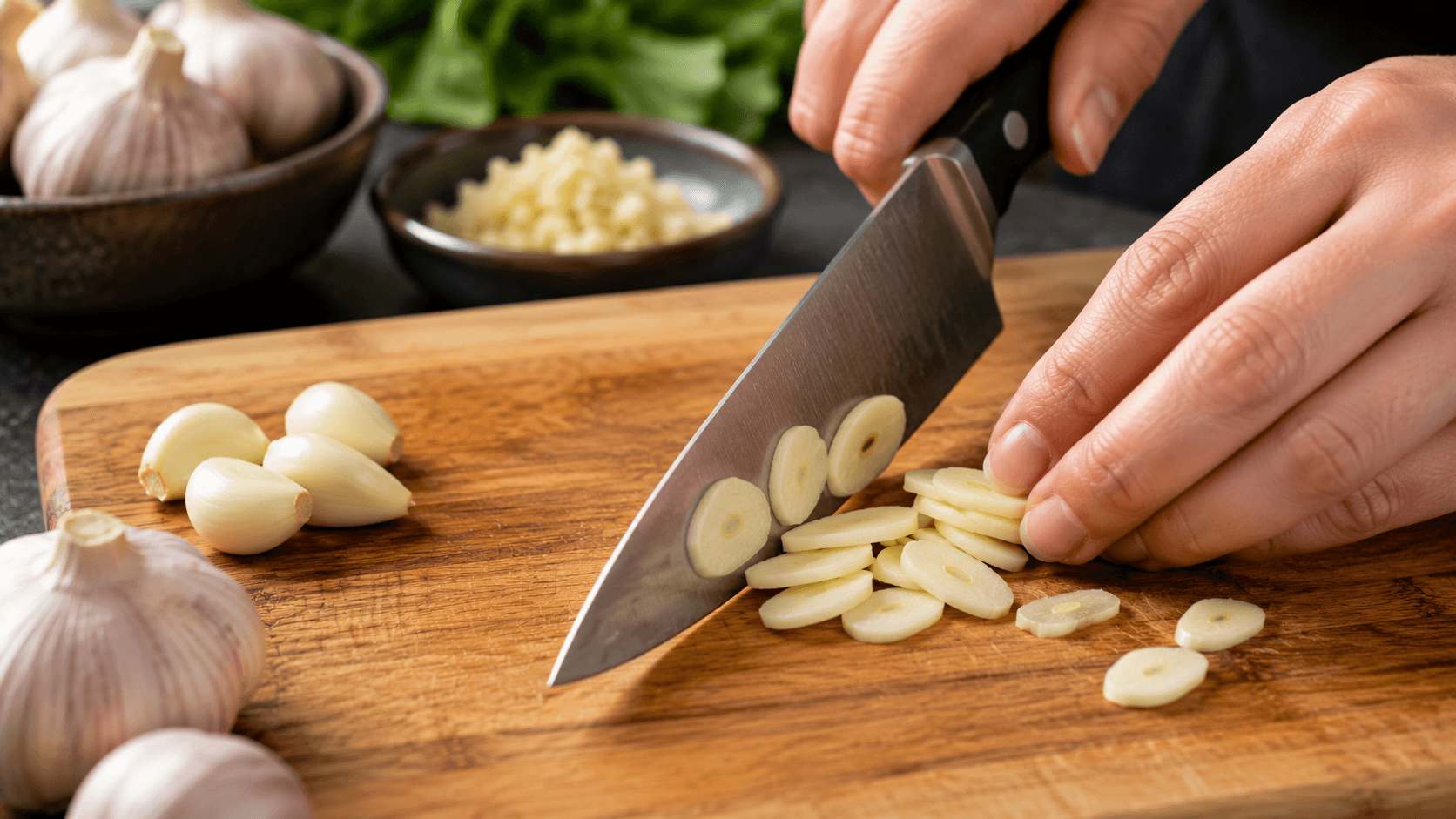 Thinly slicing fresh garlic cloves before mincing them for stir fry cooking