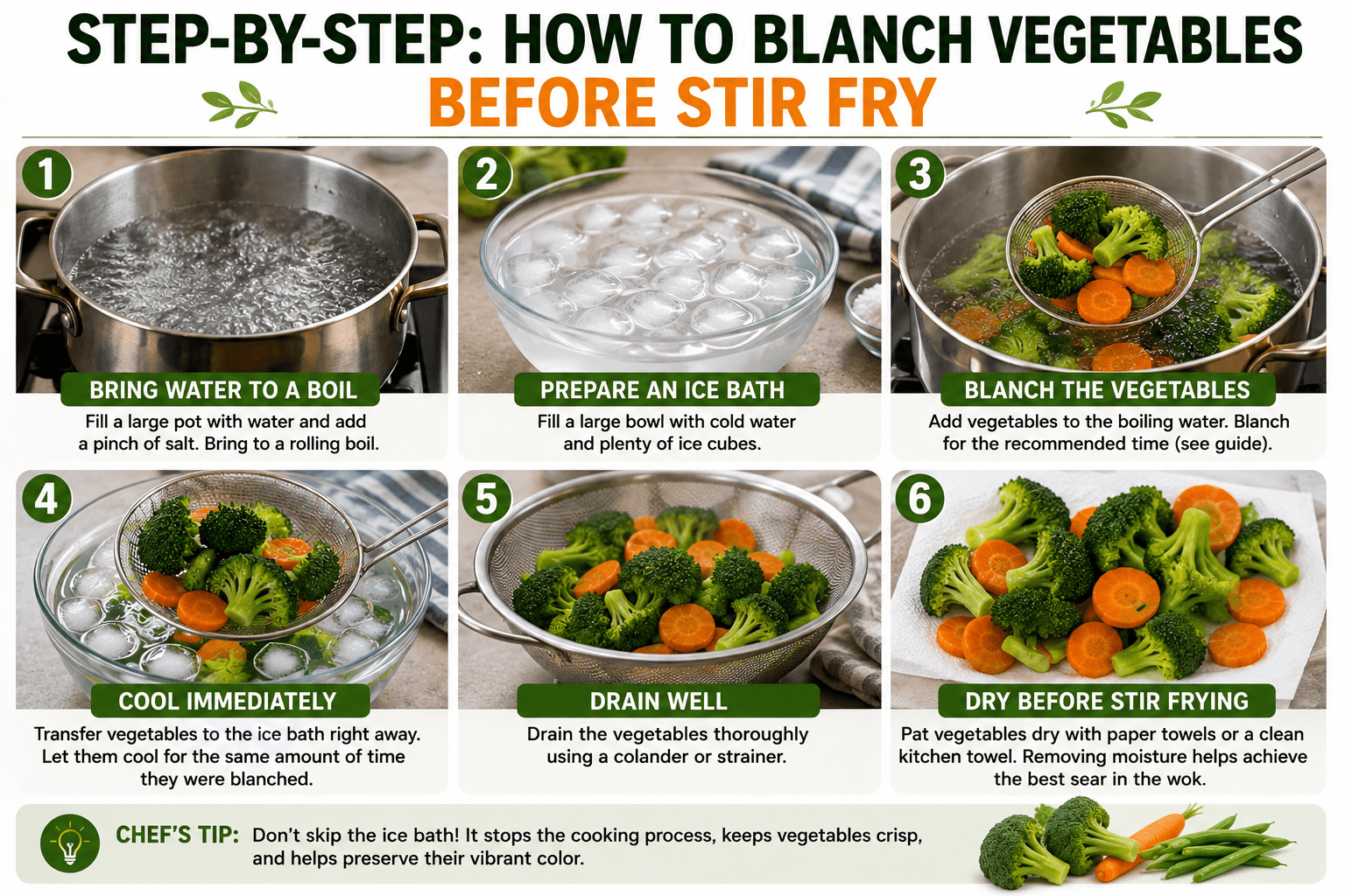 Step by step process showing how to blanch vegetables before stir fry using boiling water and an ice bath