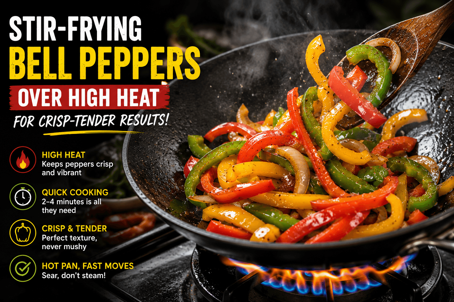 Cooking bell peppers over high heat in a wok to keep them crisp during stir fry