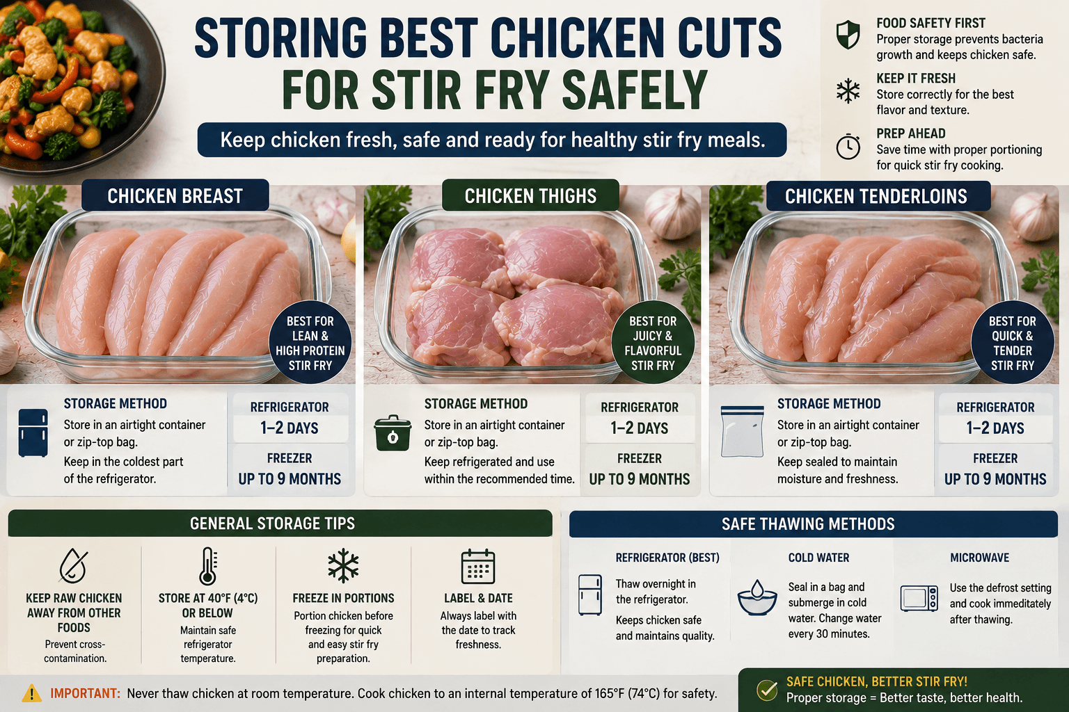 Proper storage of chicken breast, thighs and tenderloins in airtight containers for stir fry preparation