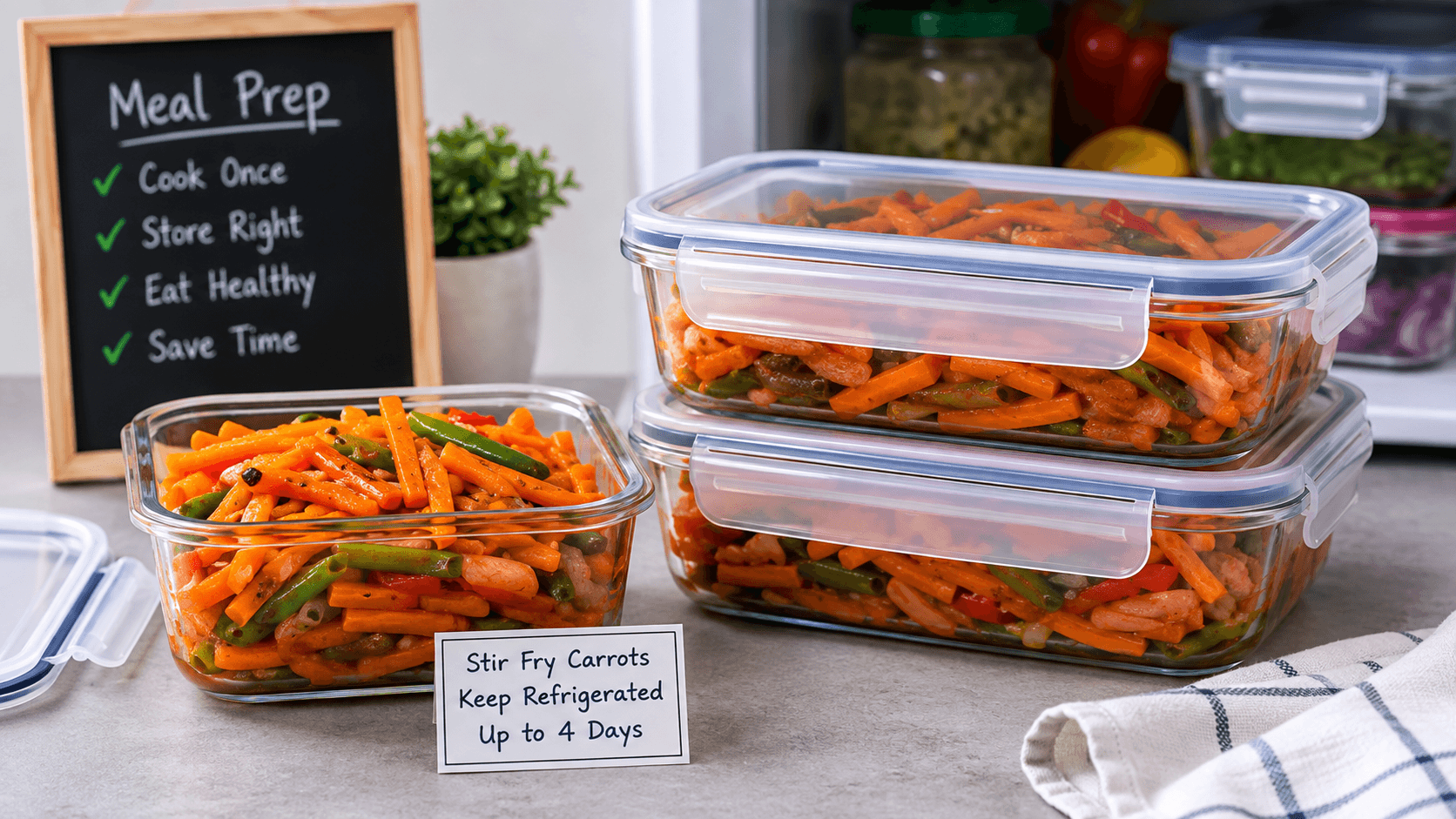 Cooked stir fry carrots stored in airtight containers for refrigerator meal prep