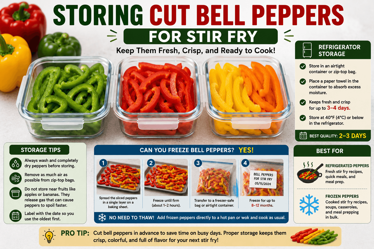 Properly storing freshly cut bell peppers for stir fry in airtight containers in the refrigerator