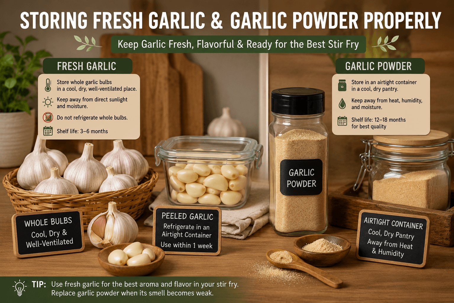 Properly storing fresh garlic bulbs and garlic powder in a dry kitchen for the best stir fry flavor