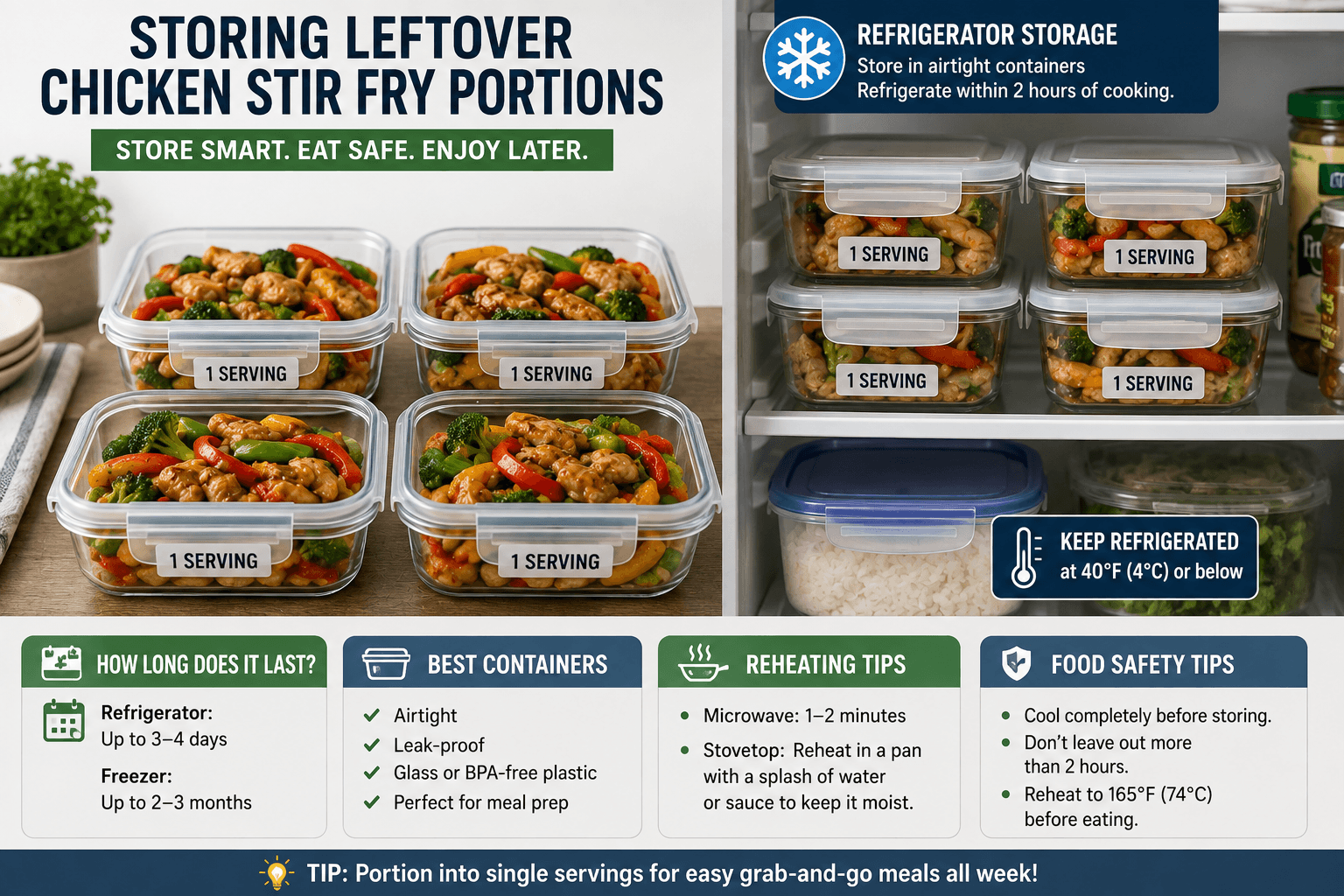 Properly storing leftover chicken stir fry in airtight meal prep containers for refrigeration