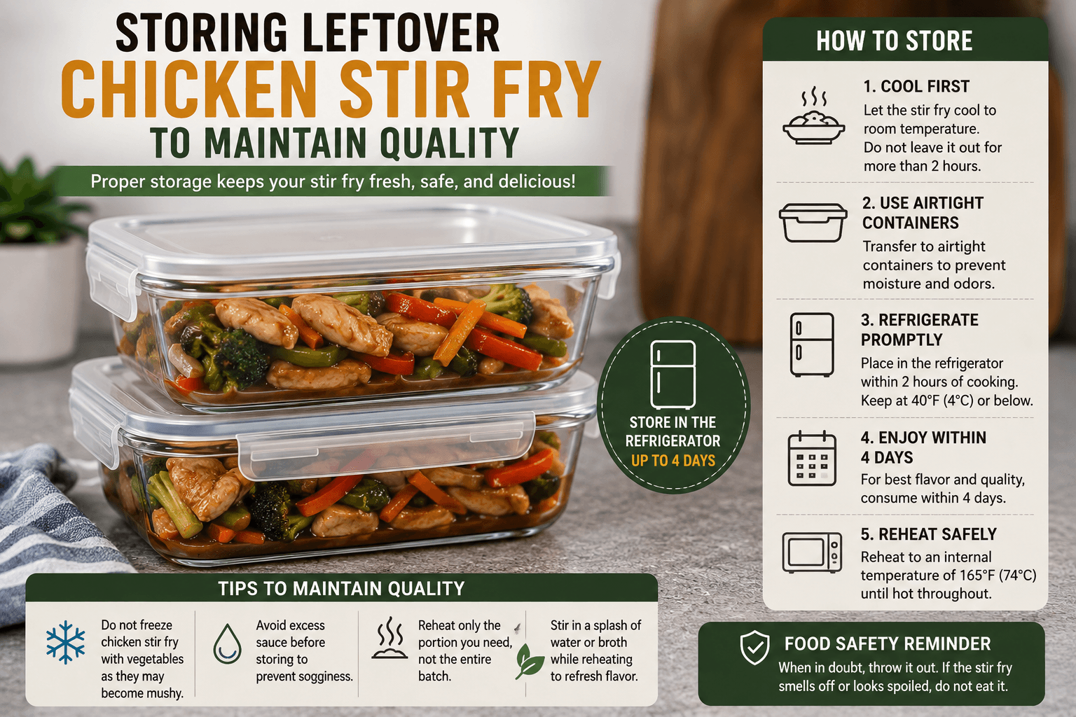 Properly storing leftover chicken stir fry in airtight containers for refrigeration