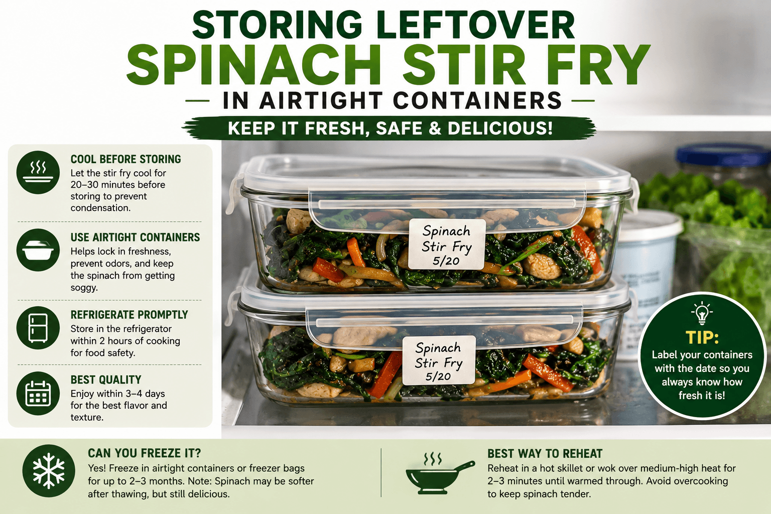 Properly storing leftover spinach stir fry in airtight containers inside a refrigerator to maintain freshness and texture