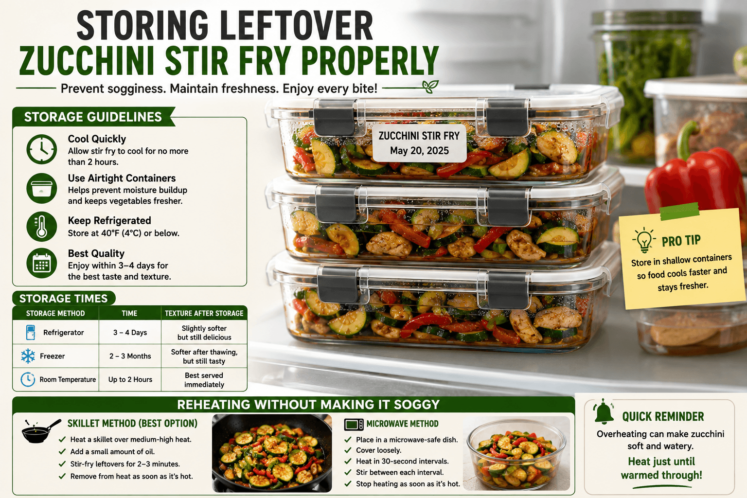 Properly storing leftover zucchini stir fry in airtight containers to prevent sogginess and maintain freshness