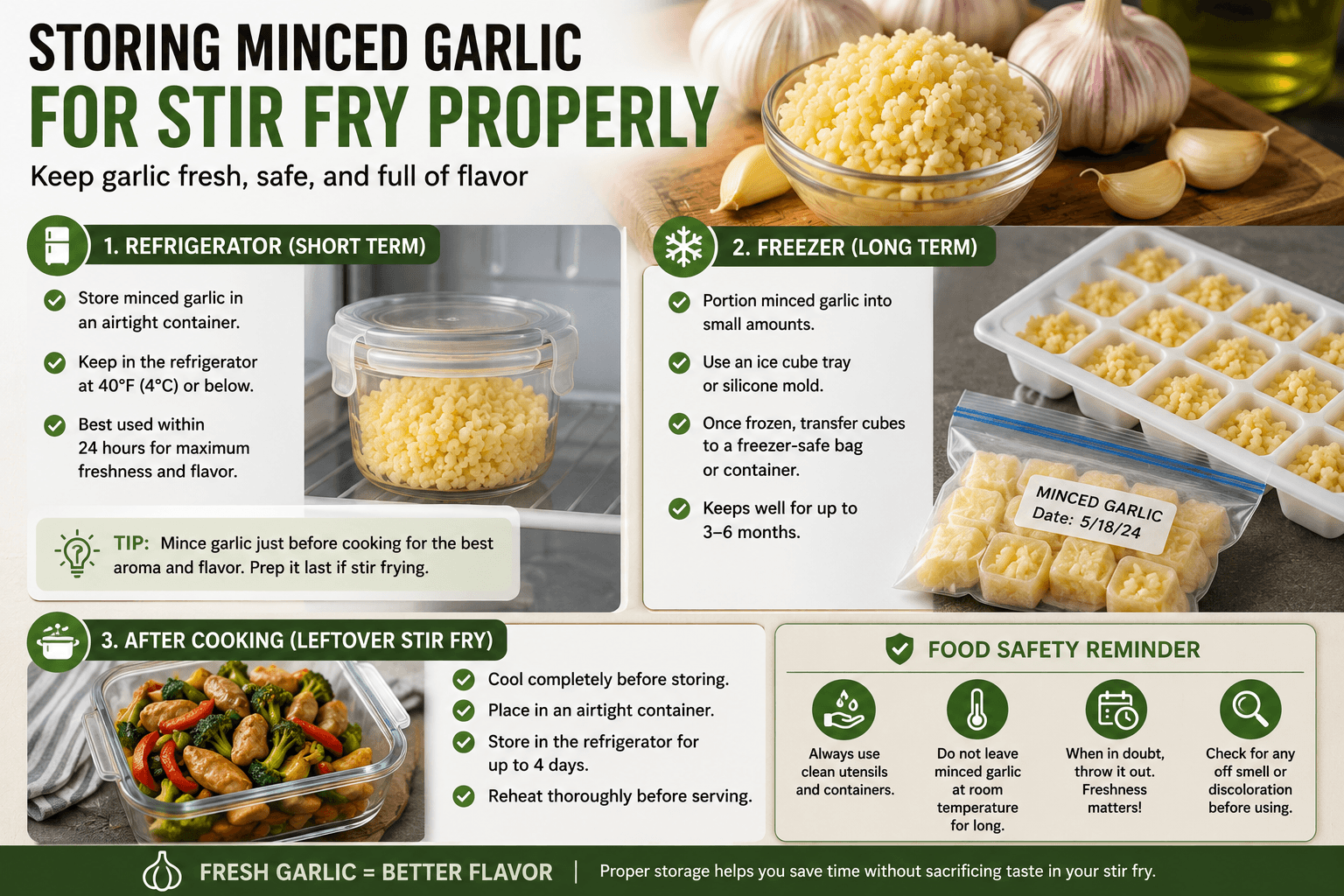 Properly storing freshly minced garlic in airtight containers in the refrigerator and freezer for stir fry meal preparation