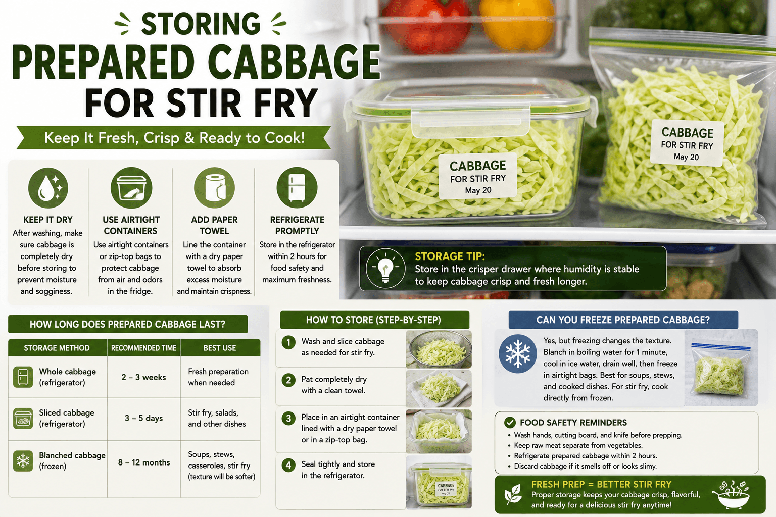 Properly storing freshly prepared cabbage for stir fry in airtight containers inside a refrigerator