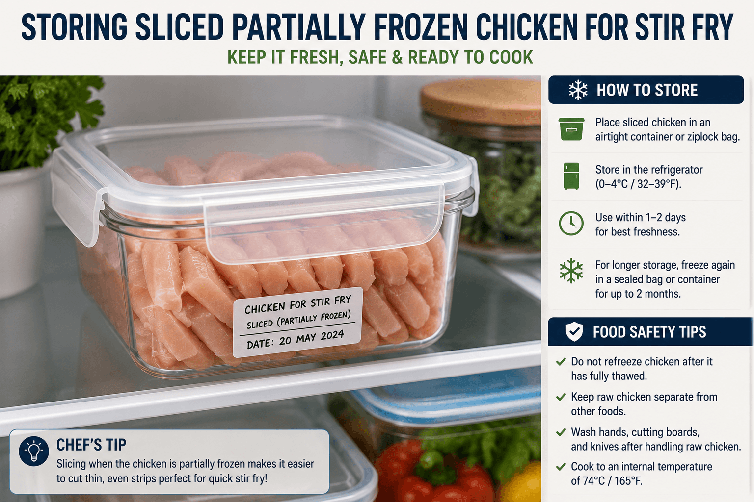 Properly storing sliced partially frozen chicken for stir fry in airtight containers in the refrigerator