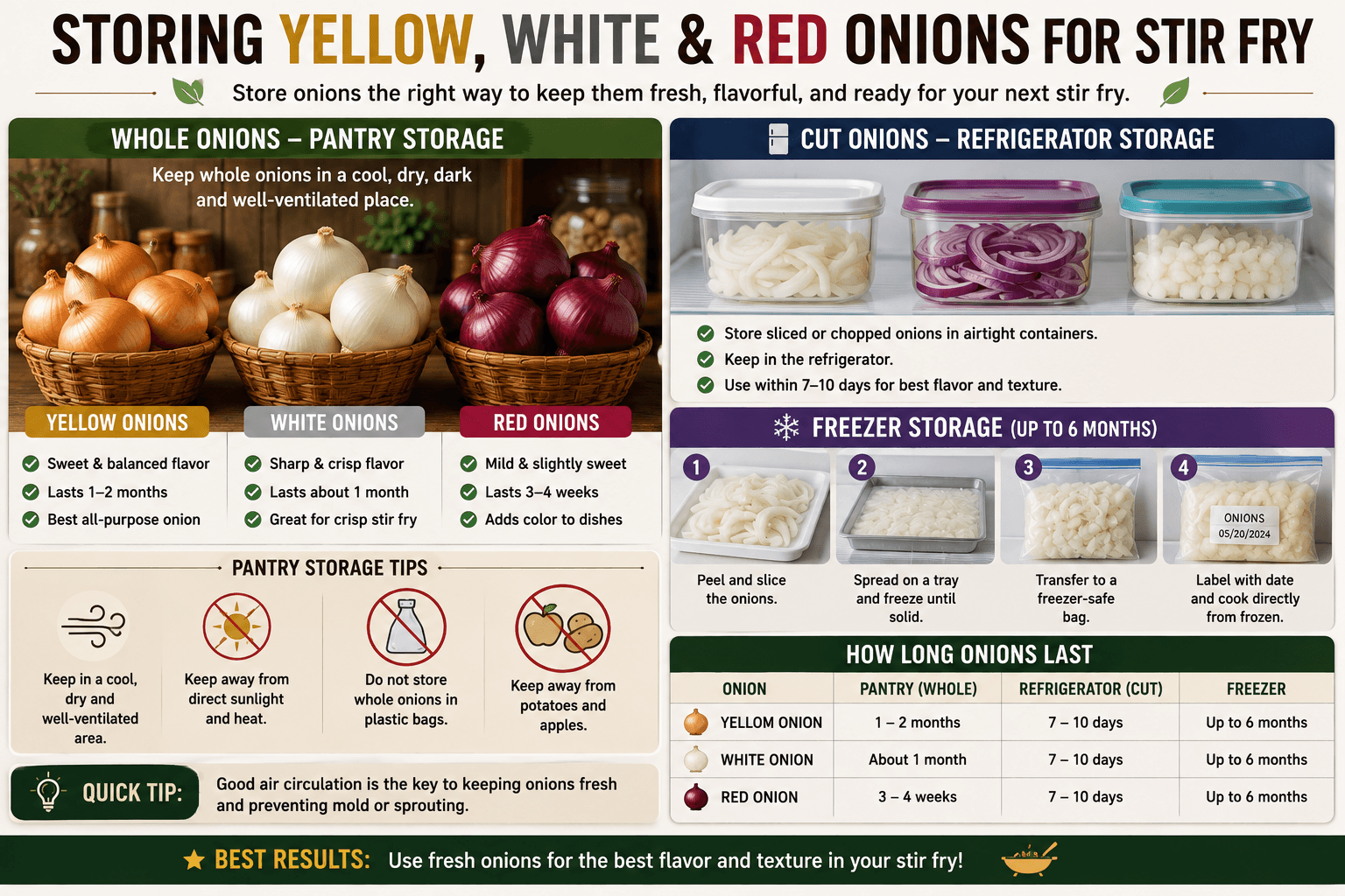 Properly storing yellow white and red onions in a cool dry pantry and sliced onions in airtight containers for stir fry
