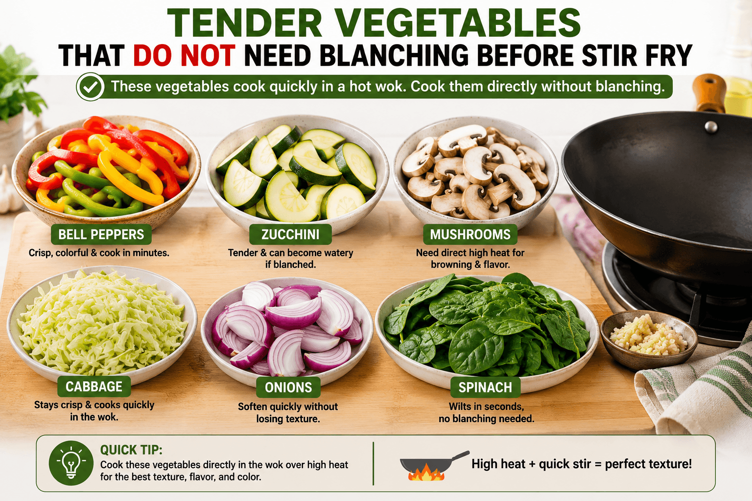 Tender vegetables including bell peppers zucchini mushrooms cabbage onions and spinach ready to cook directly in a stir fry without blanching