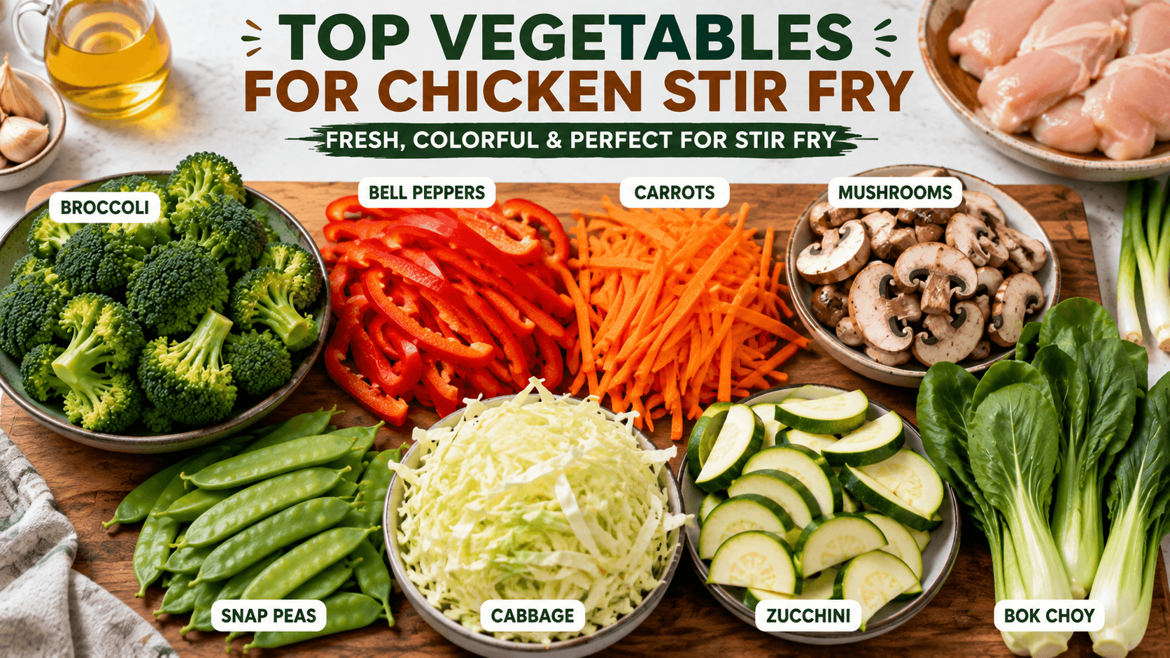 Top vegetables for chicken stir fry including broccoli bell peppers carrots mushrooms snap peas cabbage and zucchini