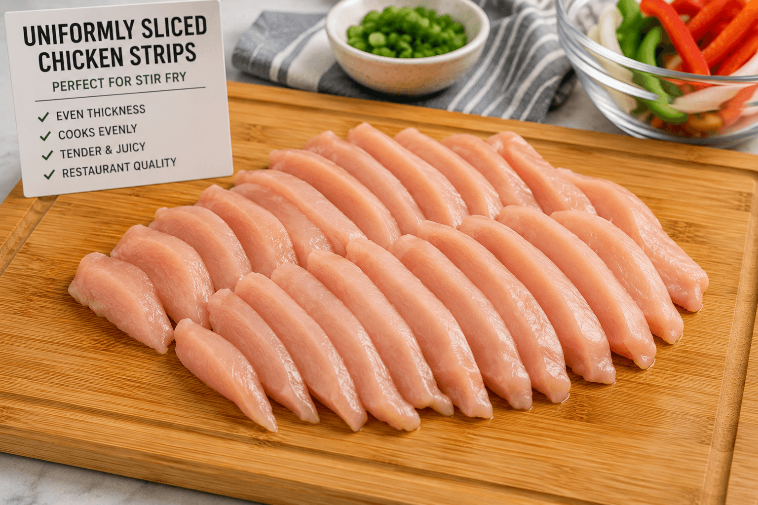 Uniform thin chicken strips prepared for stir fry after slicing partially frozen chicken