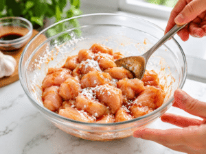 Bite-sized chicken pieces mixed with soy sauce and cornstarch in a glass bowl before cooking.
