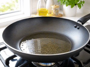 Cooking oil heating in a large black skillet over medium-high heat before adding chicken.