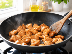 Chicken pieces cooking in a single layer until lightly browned in a hot skillet.