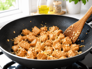 Minced garlic and freshly grated ginger being stirred with browned chicken in a skillet.