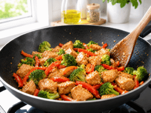 Chicken stir fry with fresh broccoli florets and sliced red bell peppers cooking in a skillet.