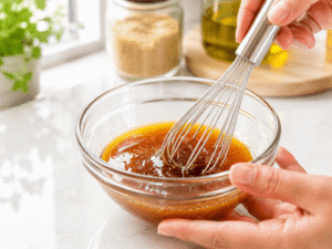 Honey, brown sugar, rice vinegar, and sesame oil being whisked together in a small glass bowl.