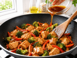 Homemade honey sesame sauce being poured over chicken and vegetables in a hot skillet.