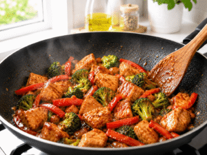 Chicken, broccoli, and red bell peppers coated in a thick glossy honey sesame sauce while cooking.