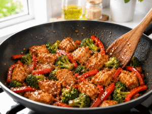 Sesame seeds sprinkled over glossy honey sesame chicken stir fry before serving.