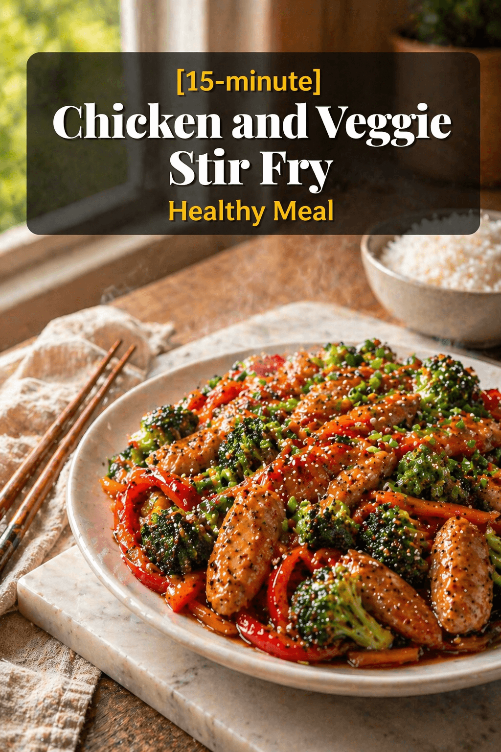 15-minute chicken and veggie stir fry served on a white plate with broccoli, red bell peppers, carrots, and glossy chicken pieces on a marble slab in a bright kitchen with text overlay reading Healthy Meal.