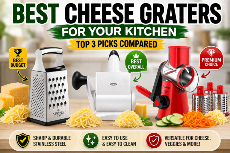 Best cheese graters comparison showing Spring Chef box grater, OXO rotary grater, and Geedel rotary cheese grater for kitchen use