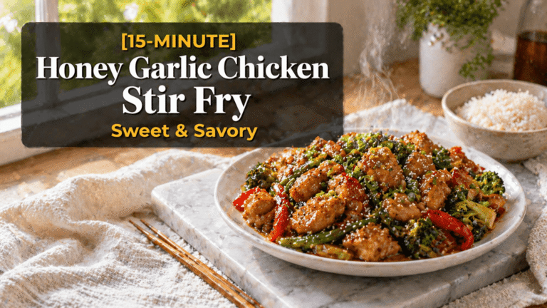 15-Minute Honey Garlic Chicken Stir Fry served on a white plate with broccoli, red bell peppers, and green beans in a glossy sauce, garnished with sesame seeds and green onions on a marble slab in a bright kitchen.