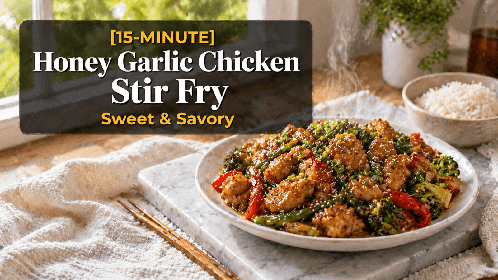 15-Minute Honey Garlic Chicken Stir Fry served on a white plate with broccoli, red bell peppers, and green beans in a glossy sauce, garnished with sesame seeds and green onions on a marble slab in a bright kitchen.