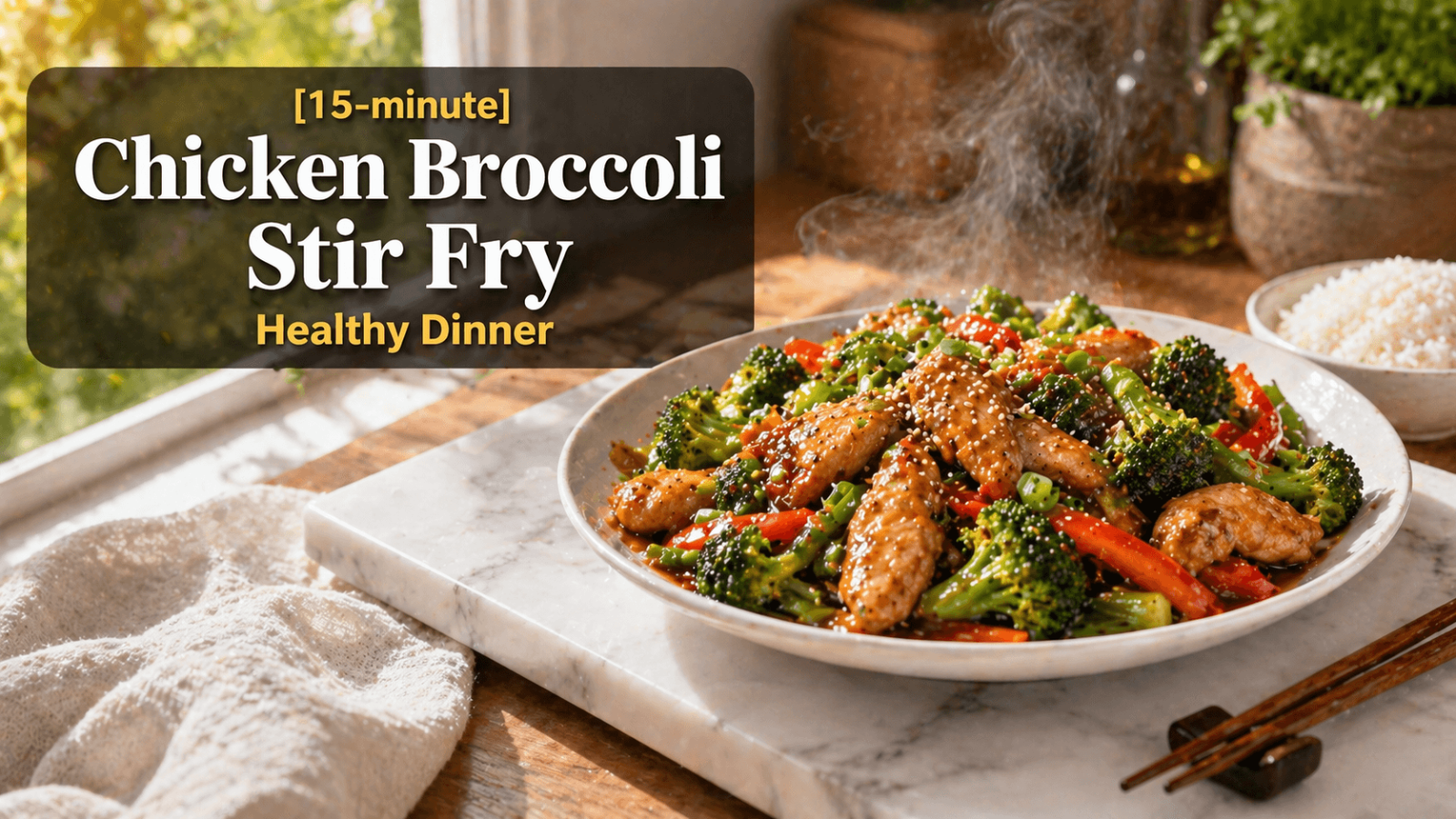 15-Minute Chicken Broccoli Stir Fry served on a white plate with broccoli, red bell peppers, green beans, and glossy chicken in sauce, garnished with sesame seeds and green onions on a marble slab in a bright kitchen setting.
