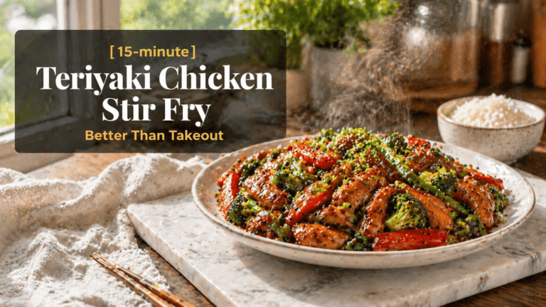 15-Minute Teriyaki Chicken Stir Fry served on a white plate with broccoli, red bell peppers, and green beans in glossy sauce, garnished with sesame seeds and green onions on a marble slab in a bright kitchen.