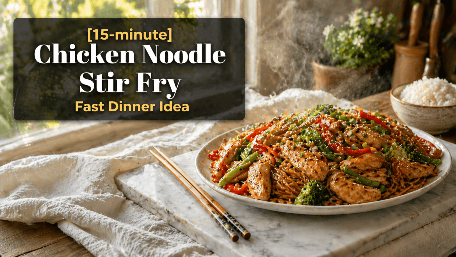 15-Minute Chicken Noodle Stir Fry served on a white plate with glossy chicken, noodles, red bell peppers, broccoli, and green beans, garnished with sesame seeds and green onions on a marble slab in a bright kitchen with text overlay.