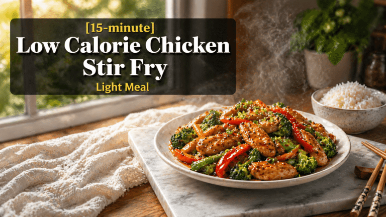 Steaming low calorie chicken stir fry served on a white plate with broccoli, red bell peppers, green beans, and glossy chicken pieces on a marble slab in a bright natural light kitchen setting.