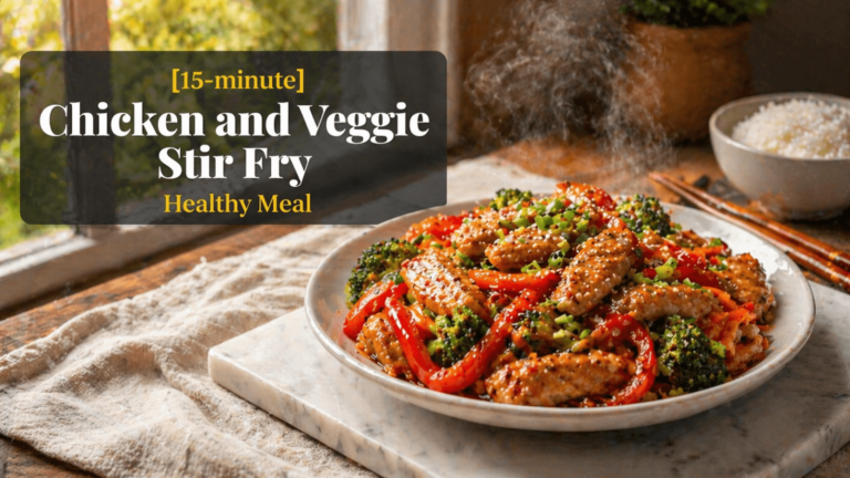 15-minute chicken and veggie stir fry served on a white plate with broccoli, red bell peppers, carrots, and glossy chicken pieces on a marble slab in a bright kitchen with text overlay reading Healthy Meal.