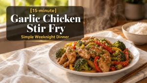 **Feature Image Alt Text:** *Steaming garlic chicken stir fry served on a white plate with broccoli, red bell peppers, and green beans on a marble slab, with bold recipe title text overlay in a bright natural light kitchen.*