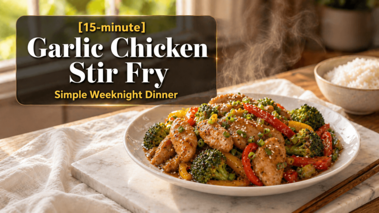 **Feature Image Alt Text:** *Steaming garlic chicken stir fry served on a white plate with broccoli, red bell peppers, and green beans on a marble slab, with bold recipe title text overlay in a bright natural light kitchen.*