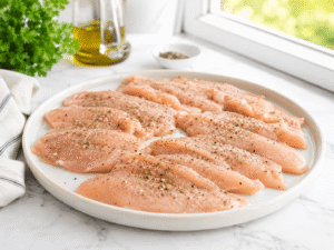 Raw chicken breasts sliced into thin pieces and seasoned with salt, black pepper, and Italian seasoning on a white plate in a bright modern kitchen with natural daylight and rustic food styling.