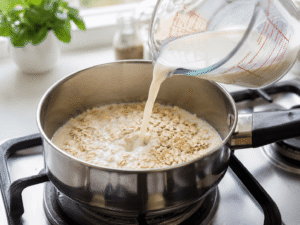 Quick oats and milk being poured into a small stainless steel cooking pot on a gas stove in a bright modern kitchen with natural daylight.